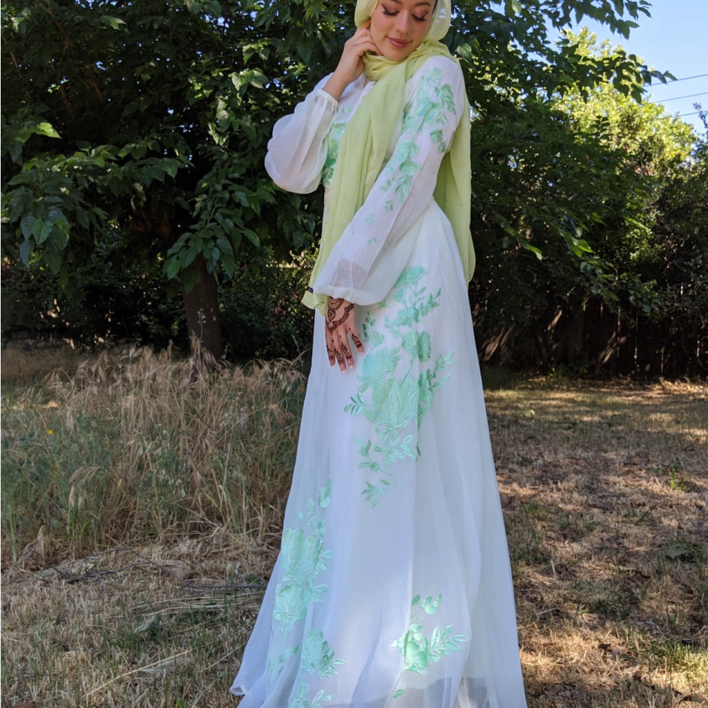 Asos Modest Maxi Long Sleeve Dress Abaya Pale Green With Aqua Embroidery Dress